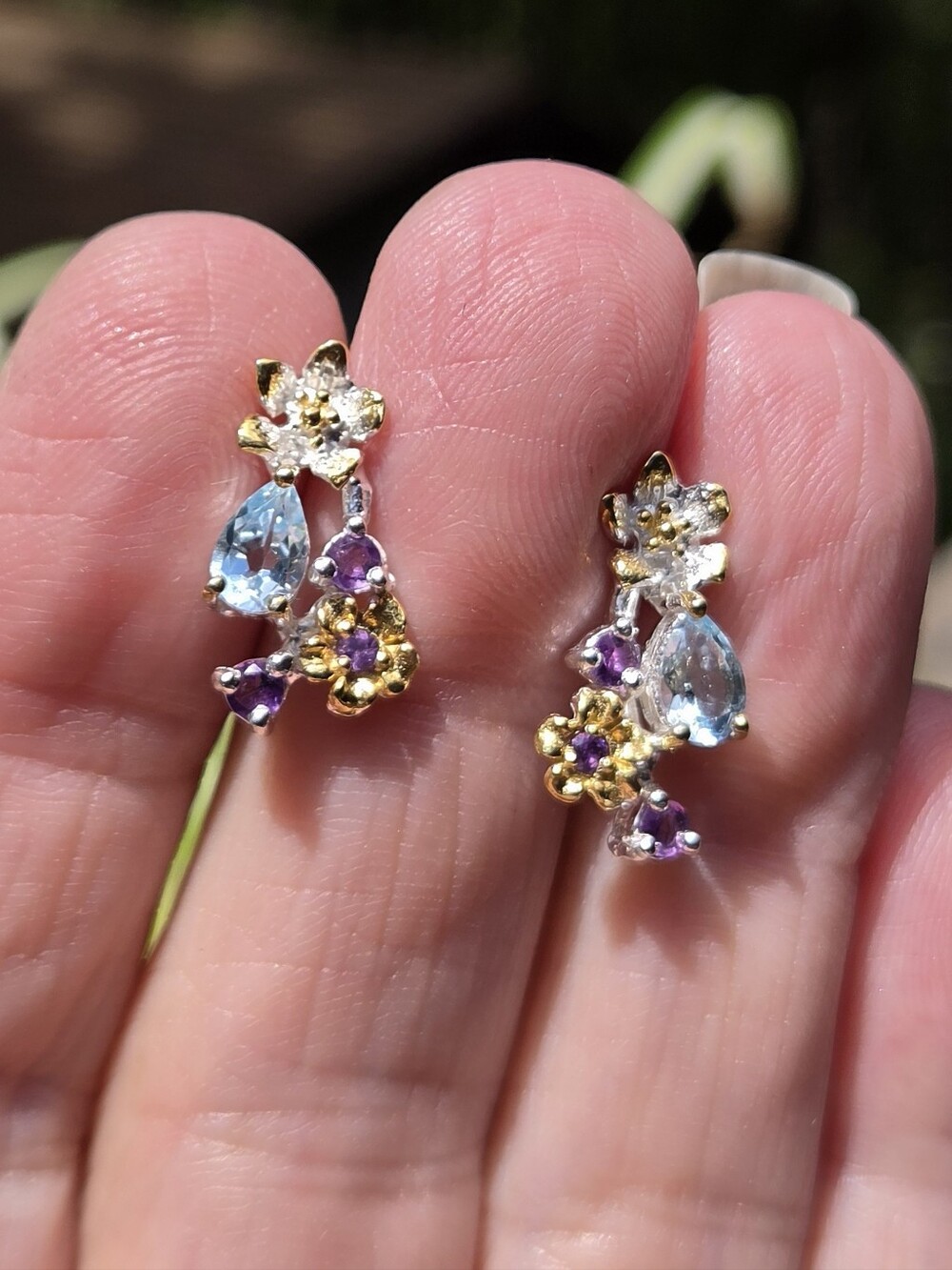 Blue Topaz & Amethyst Natural Floral Sterling & Gold Earrings - Picture 3 of 9